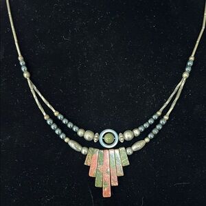 Ukanite Gemstone Fan Pendant Southwestern Beaded 19” Necklace